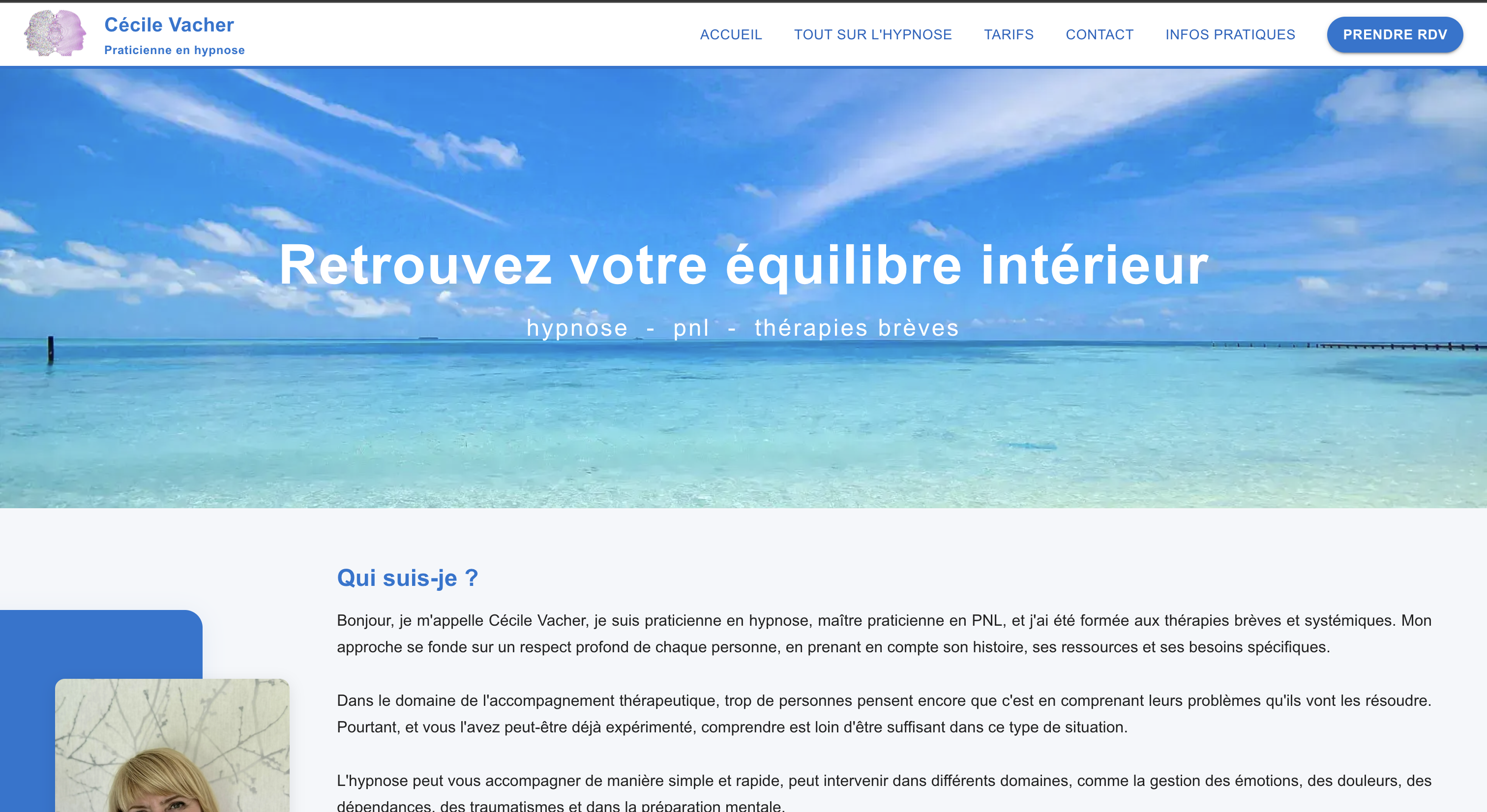 Capture d'écran du projet Site Hypnose Professionnelle - Site vitrine moderne pour praticienne en hypnose avec présentation des services, témoignages et prise de rendez-vous.