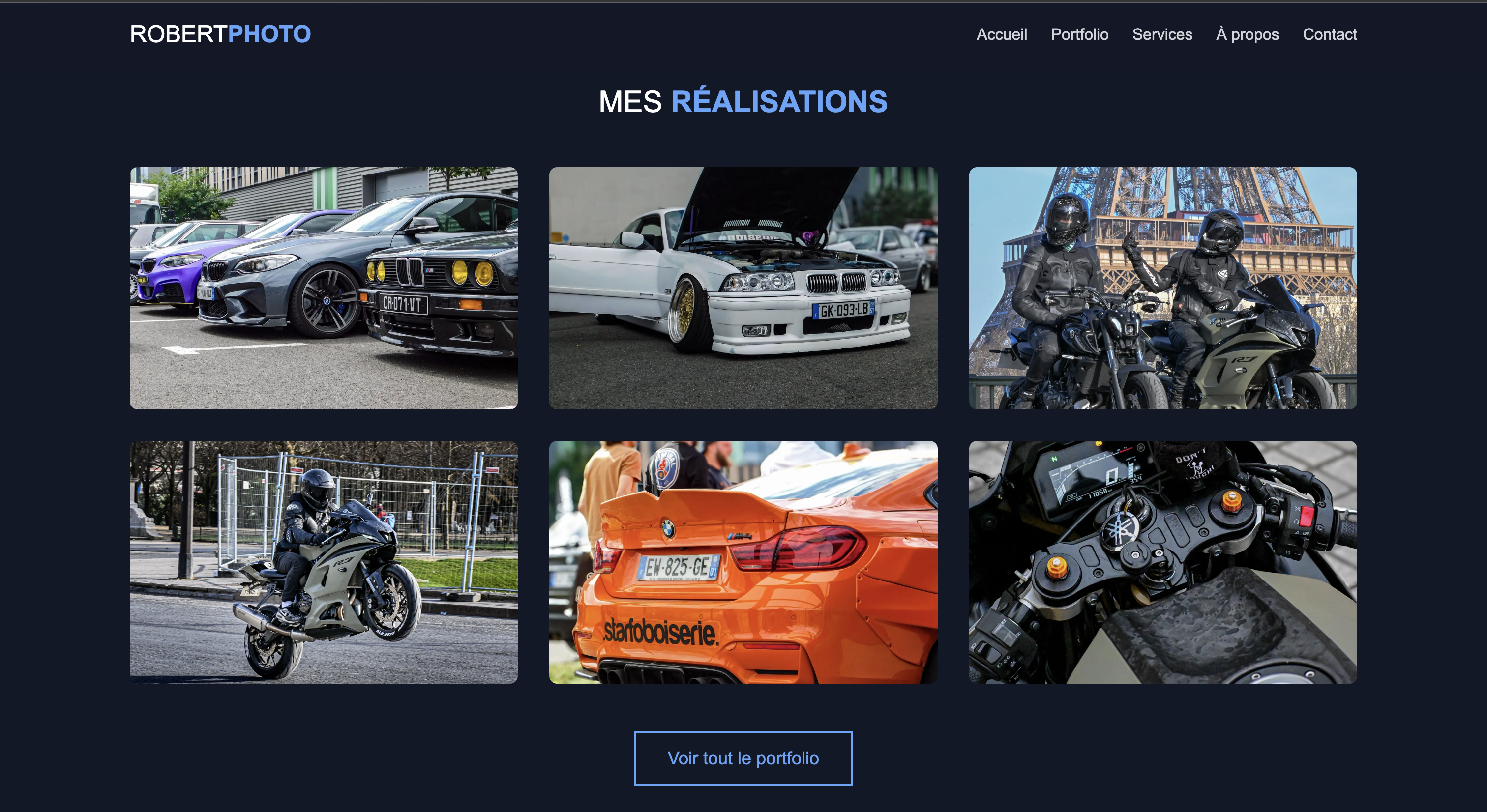 Capture d'écran du projet Site Photographie Automobile - Site vitrine pour photographe spécialisé auto/moto avec galerie portfolio, services et contact professionnel.